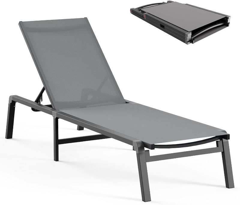 Photo 1 of Aluminum Chaise Lounge Ourdoor - Foldable & Assemble Free Outdoor Lounge Chair with 5 Adjustable Backrest, Patio Lounge Chair for Outside Poolside Beach Pool, Grey