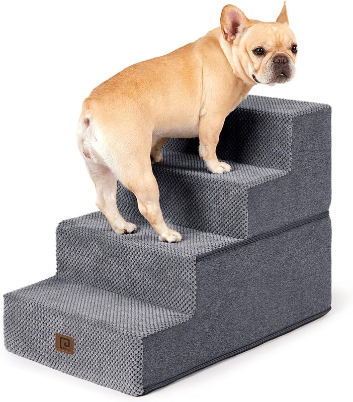 Photo 1 of EHEYCIGA Dog Stairs for Bed 18”H, 4-Step Dog Steps for High Bed, Pet Steps for Small Dogs and Cats, Non-Slip Balanced Pet Ramp Indoor, Grey