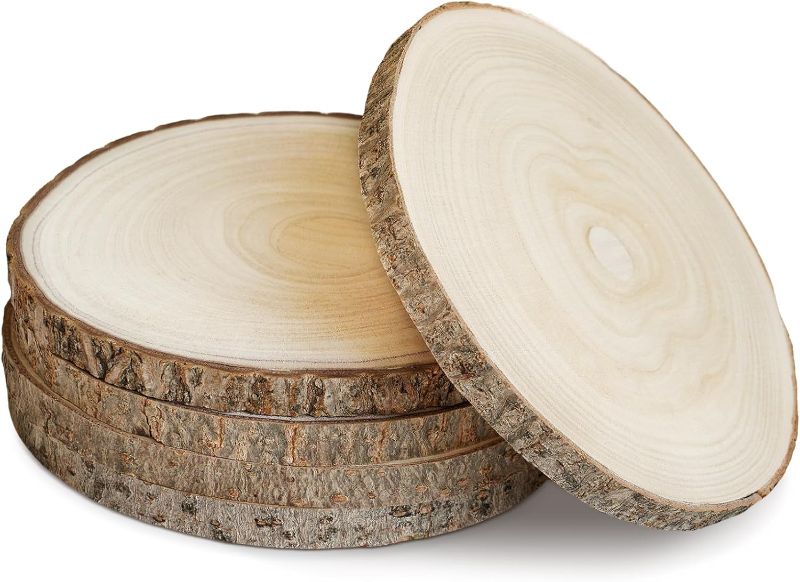 Photo 1 of Large Unfinished Wood Slices, 5 Pcs 7-8 Inch Wooden Discs for Centerpieces, Crafts, Rustic Wood Slabs & Circles for Tables Wedding Party Christmas Decor