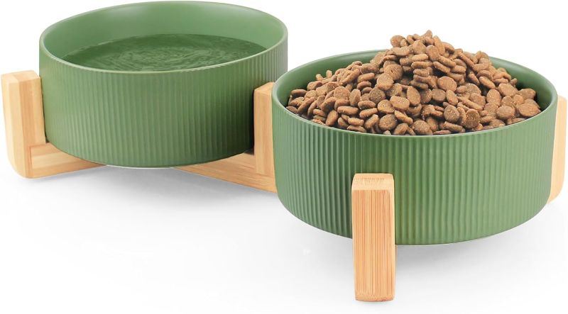 Photo 1 of Minor Damage to Holder** Ceramic Pet Bowls for Dog and Cat, No Spill Dog Food and Water Bowl Set with Anti-Slip Wooden Stand, Riased Puppy Feeding Dishes Suitable for Small, Medium and Large Cats Dogs, Green