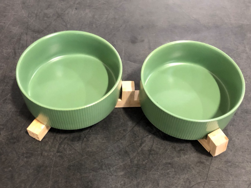 Photo 1 of Minor Damage to Holder** Ceramic Pet Bowls for Dog and Cat, No Spill Dog Food and Water Bowl Set with Anti-Slip Wooden Stand, Riased Puppy Feeding Dishes Suitable for Small, Medium and Large Cats Dogs, Green