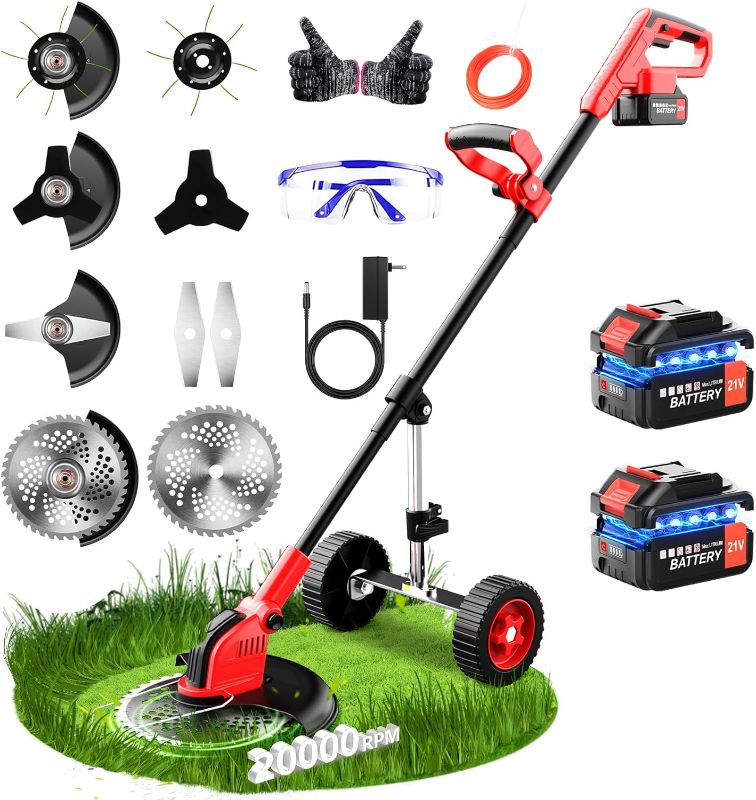 Photo 1 of 20000 RPM Electric Weed Wacker with Wheel,12 Brushless Cordless Weed Eater Battery Powered, 4-in-1 Brush Cutter/String Trimmer/Grass Trimmer/Lawn Mower,Edger Stringless Weed Trimmer,5 Blade,2 Battery
