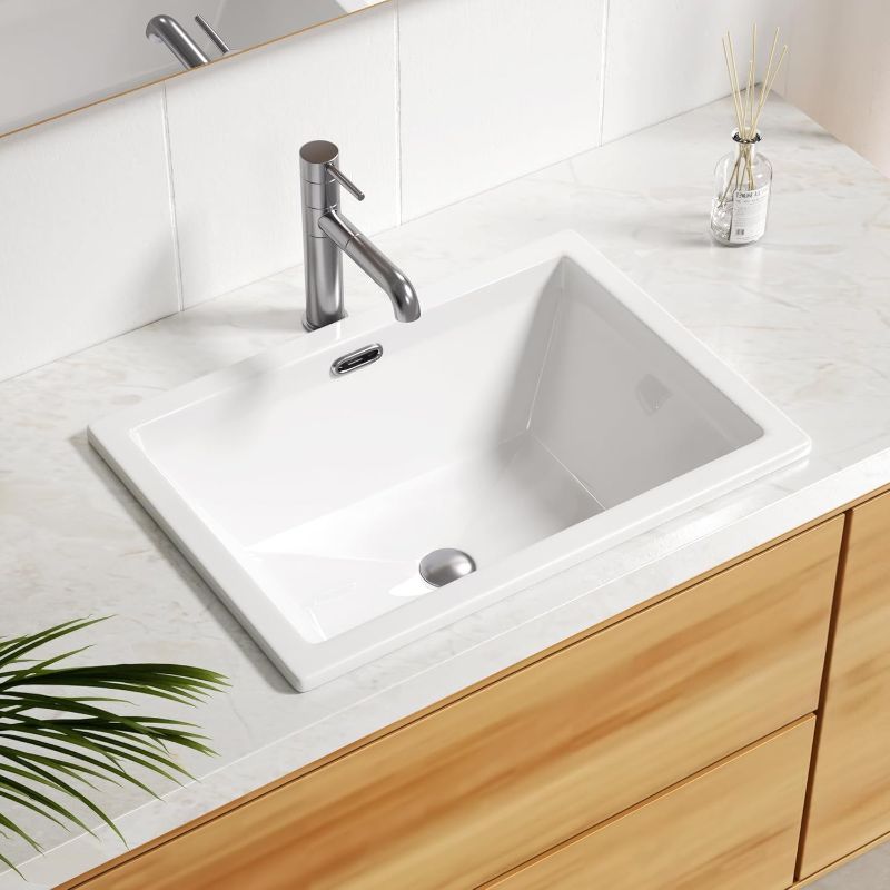 Photo 1 of Enbol 20.6" x 14.5" Drop in Bathroom Sink Rectangule Vessel Sink Self-rimming Top Mount Bathroom Sink White Ceramic Lavatory Vanity with Overflow O2014-1