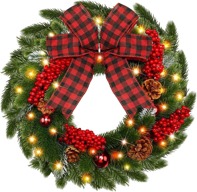 Photo 1 of Dingion 14 Inch Christmas Lighted Wreath with Large Buffalo Plaid Bowknot Pine Cones Red Berries Hanging Outdoor Artificial Christmas Wreath with LED Lights for Xmas Holidays Party Decor Winter Home
