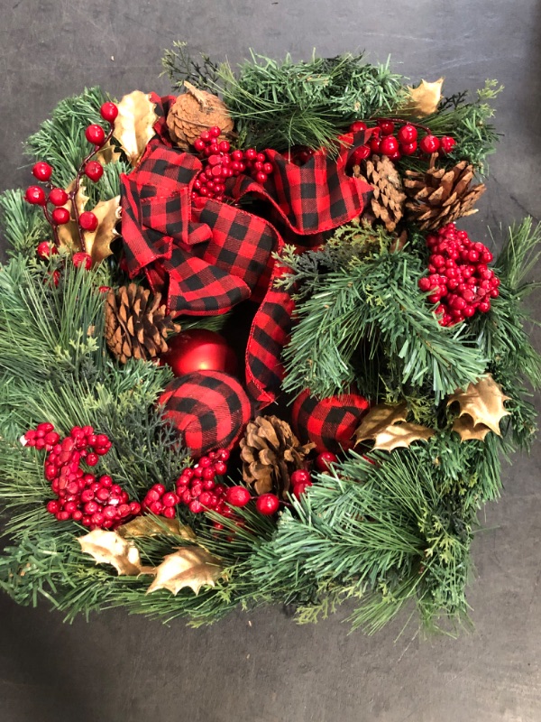 Photo 1 of Dingion 14 Inch Christmas Lighted Wreath with Large Buffalo Plaid Bowknot Pine Cones Red Berries Hanging Outdoor Artificial Christmas Wreath with LED Lights for Xmas Holidays Party Decor Winter Home