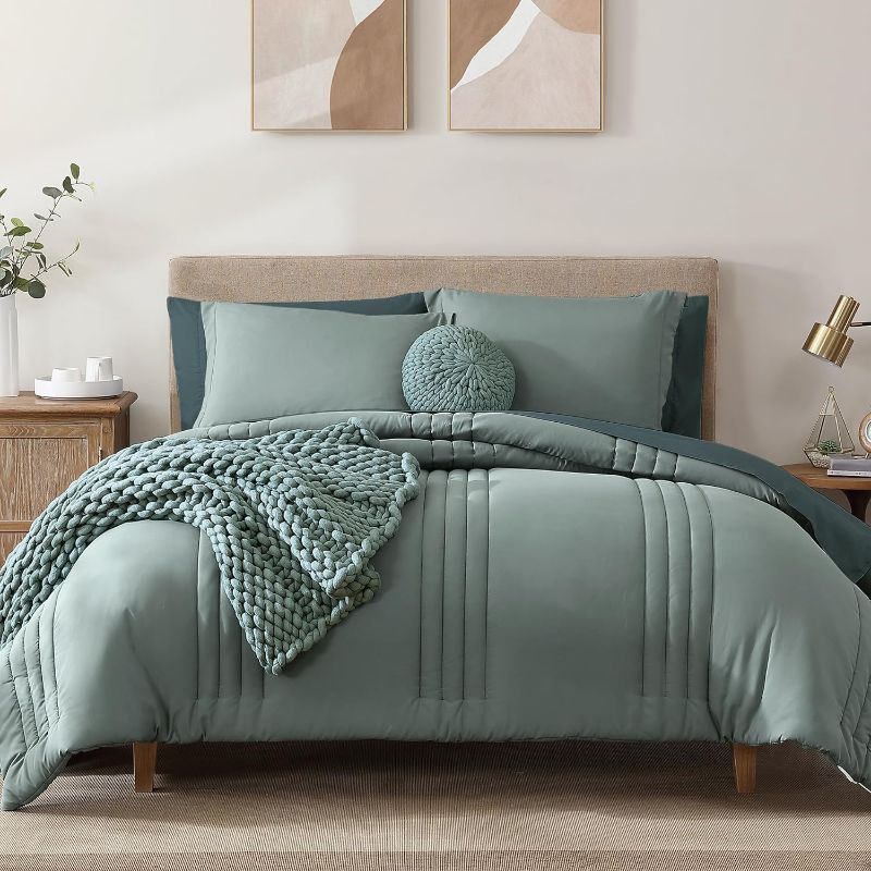 Photo 1 of Monbix Queen Comforter Set - 7 Pieces Sage Green Bed in a Bag Queen Bedding Sets with Comforters, All Seasons Down Alternative Comforter Bed Set with Sheets,Pillowcases & Shams