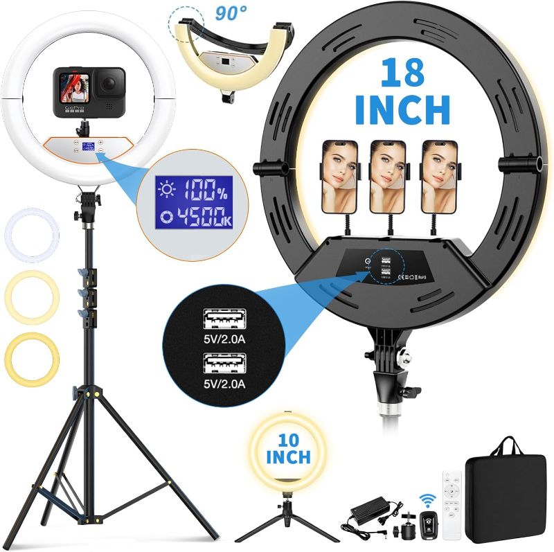 Photo 1 of 18 inch Ring Light wiht Stand+10 inch Light,Foldable Large Ring Light for ipad iPhone,LCD Display/4 Clips/2 USB Ports,2700-6500K with Tripod for Tattoo Lash Barber Makeup Photography Lighting