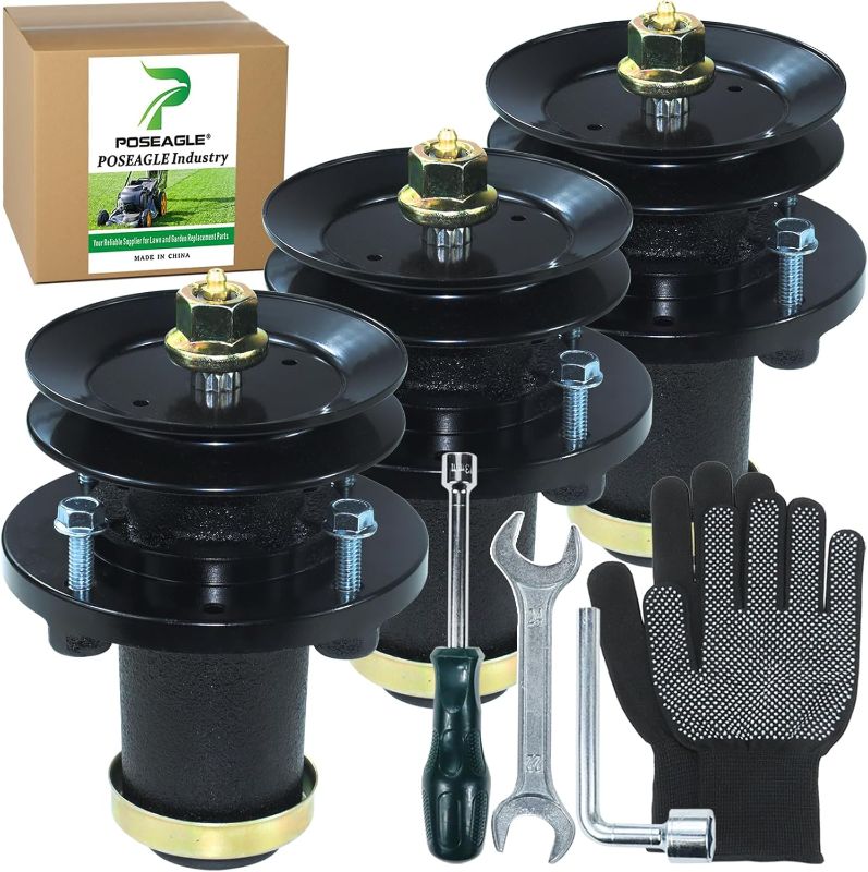 Photo 1 of 3 Pack Pre-Greased 539131898 Spindle Assembly with 532173434 Spindle Pulley for Husqvarna GT48DXLS, LGT48DXL, TS248G, TS348, TS348D, TS348XD, YT48DXLS, GT 48 DXLS, TS 248 G, TS 348 D Tractors