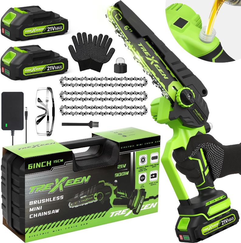 Photo 1 of Mini Chainsaw, 6-Inch Electric Chainsaw Cordless, Upgraded 900W Brushless Portable Handheld Small Chain Saw with Auto Chain Regulator & Auto Oiler for Wood Cutting/TreeTrimming/Courtyard (Green)