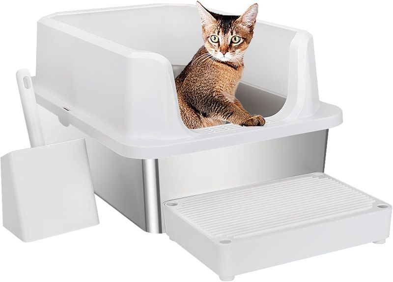 Photo 1 of RIZZARI Stainless Steel Cat Litter Box, Anti-Leakage & Odorless, Semi-Enclosed Litter Box with Raised Edges for Small to Large Sized Cats