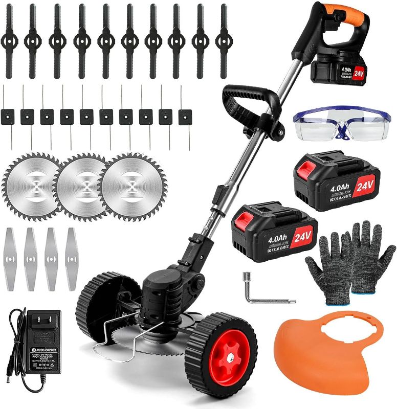 Photo 1 of Wacker Cordless,24v Electric Weed Eater Battery Powered,3 in 1 Lightweight Grass Trimmer with 2 4.0 Ah Batteries & Charger, Height Adjustable Wheeled Brush Cutter for Women,Lawn Care,Garden,Yard