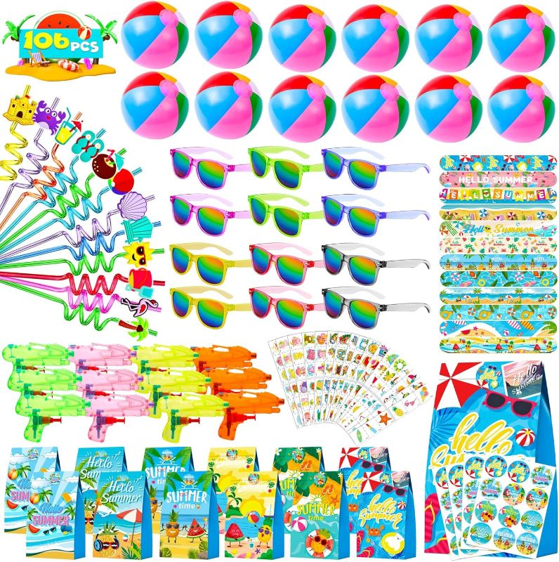 Photo 1 of Pool Beach Party Favors, 106 PCS Summer Party Supplies Pool Beach Toys for Kids 4-8 Birthday Party, Summer Party Bag Stuffers Include Beach Balls, Kids Sunglasses Bulk, and More