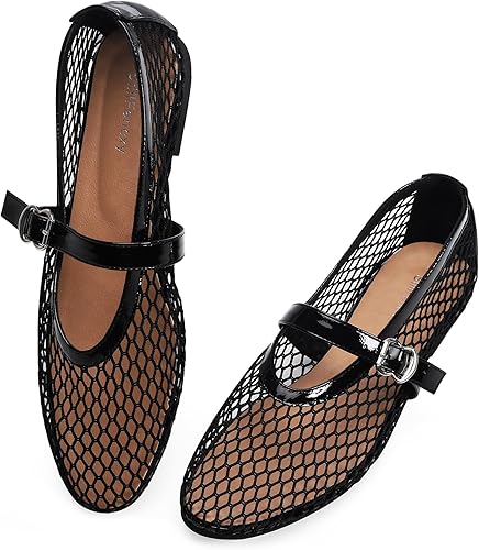Photo 1 of Size 6.5 Women's Fishnet Mesh Ballet Flats with Buckle, Slip-On Dress Mary Jane Flats for Women, Elegant Lightweight Ballerina Shoes, Breathable Comfortable Wedding Party Shoe, Stylish Casual Footwear