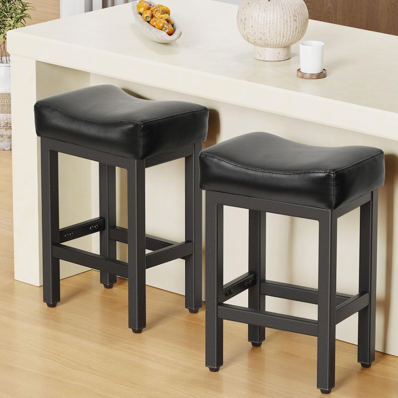 Photo 1 of Counter Height Bar Stools Set of 2, 24 Inch Barstools for Kitchen Island Counter, Bonded Leather Kitchen Stools with Thick Saddle Seats & Heavy Duty Metal Base, Easy Assembly, All Black