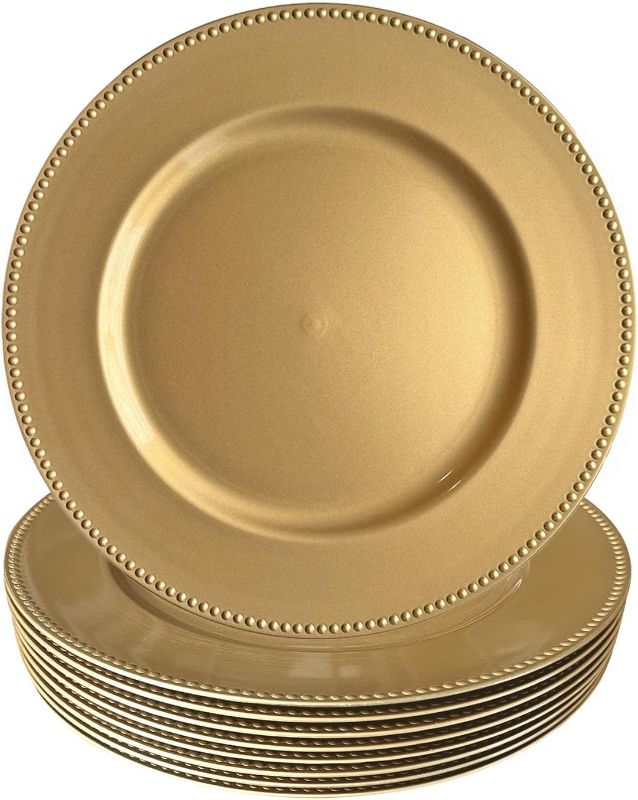 Photo 1 of WELMATCH Gold Plastic Beaded Charger Plates - 10 pcs 13 Inch Round Wedding Party Decroation Charger Plates (Gold, 10)