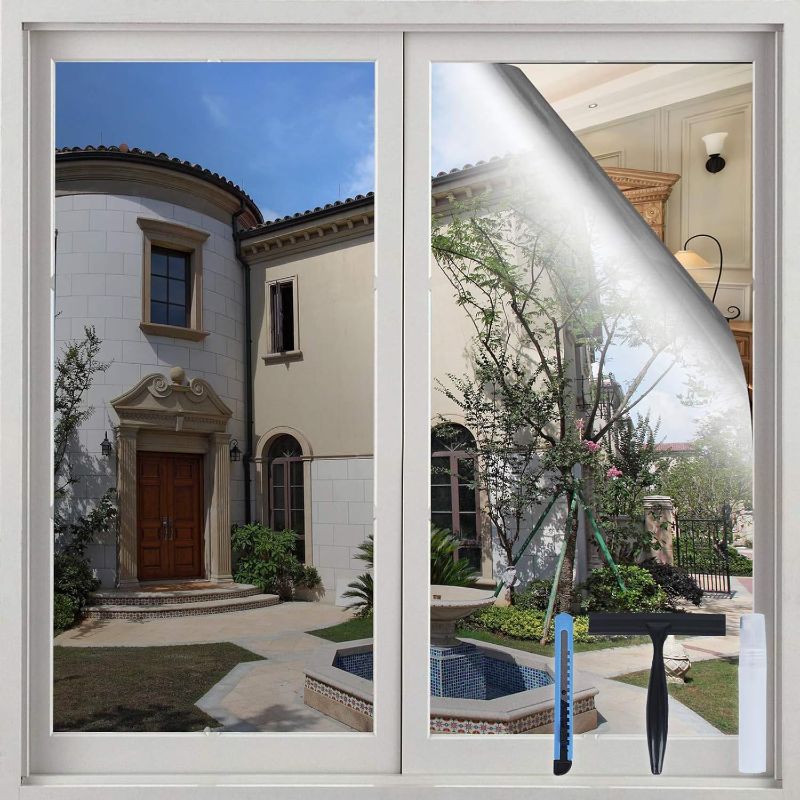 Photo 1 of Volcanics One Way Window Privacy Film with Installation Tools, Sun Blocking Window Tinting Film for Home Heat Control Mirror Tint Film Static Cling 23.6 x 78.7 Inches, Silver
