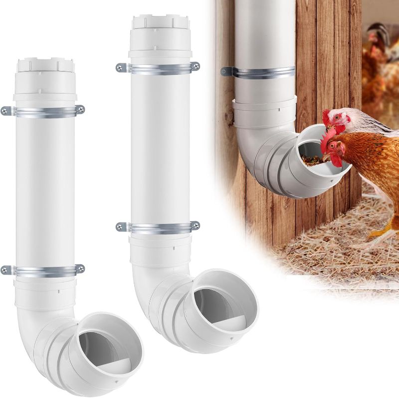 Photo 1 of 2 Set Automatic Chicken Feeder No Waste - 13 Pounds Large Capacity Heavy Duty PVC Pipe Hanging Chicken Feeder, Poultry Gravity Feed Port for Chicken Long Feeding