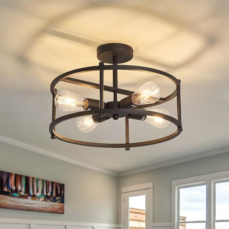 Photo 1 of Industrial Semi Flush Mount Ceiling Light,4 Light Rustic Metal Ceiling Light Fixture,Black Farmhouse Chandelier for Kitchen Island Dining Room Hallway Entryway Bedroom Living Room.