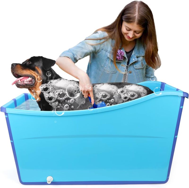 Photo 1 of YUEPET Extra Large Foldable Dog Bath Tub for Large Dogs, 49 Gal Portable Dog Bathtub Lightweight Hightened Pet Wash Station with Drain Plug for Big Dogs Indoor/Outdoor Bathing, Camping (Blue)