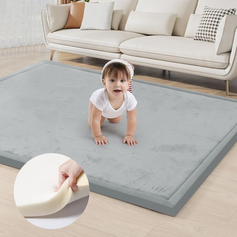 Photo 1 of ACOMOPACK Baby Play Mat for Floor 1.3" Thick Memory Foam Play Mat 79"×118" Tummy Time Crawling with Non-Slip Bottom for Living Room,Nursery,Soft Velvet Playpen Mats for Kids,Infants?Light Grey?