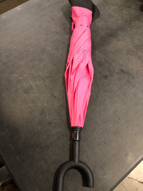 Photo 1 of Parquet Pink Double Layer Inverted Umbrellas - C Shaped Handle Reverse Folding Windproof Umbrella for Men and Women