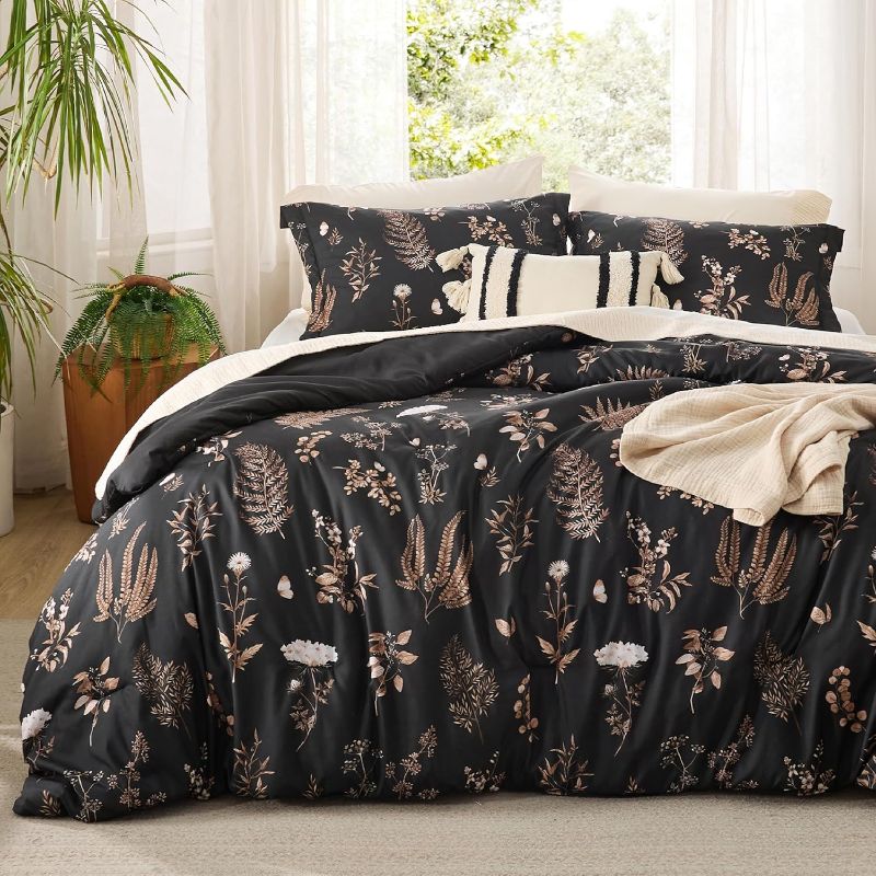 Photo 1 of Bedsure Comforter Set Queen Size - Floral Bedding Comforter Set, 3 Pieces, 1 Soft Black Comforter and 2 Pillow Shams