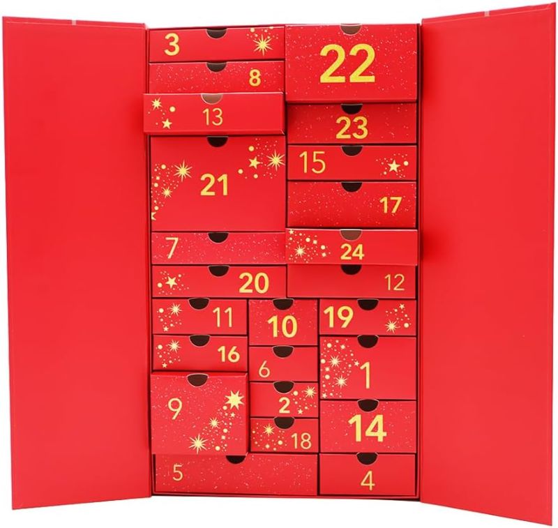 Photo 1 of 2025 24 Days Advent Calendar Empty Large to Fill Cosmetics, Makeup, Perfume Packaging Paper Box, Valentin's Day EID Ramadan Gifts Cardboard (Red)