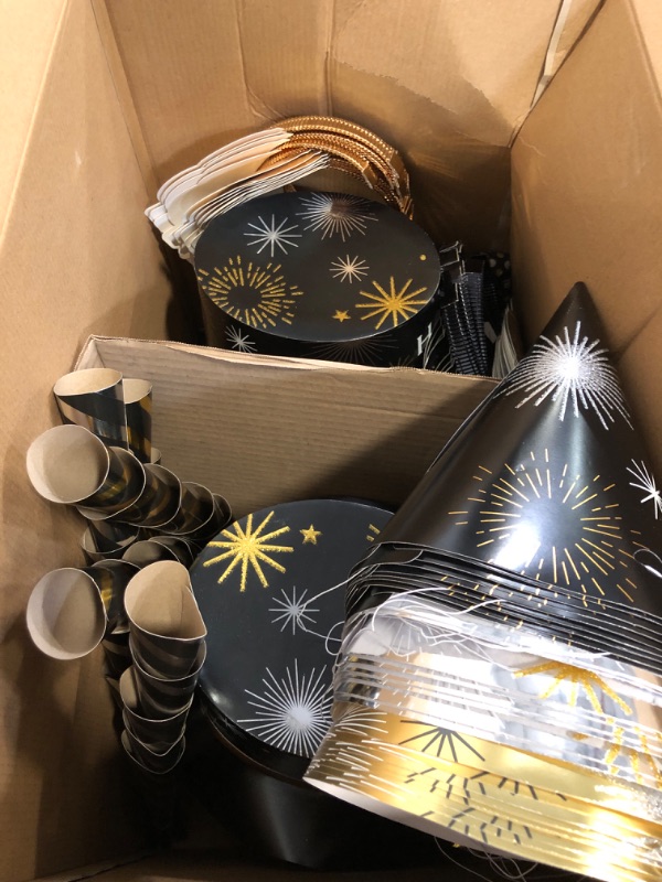 Photo 1 of Amscan Party City New Year’s Eve Wearables and Noisemakers for 100 Guests, Party Supplies, Black, Gold and Silver, 200 Piece