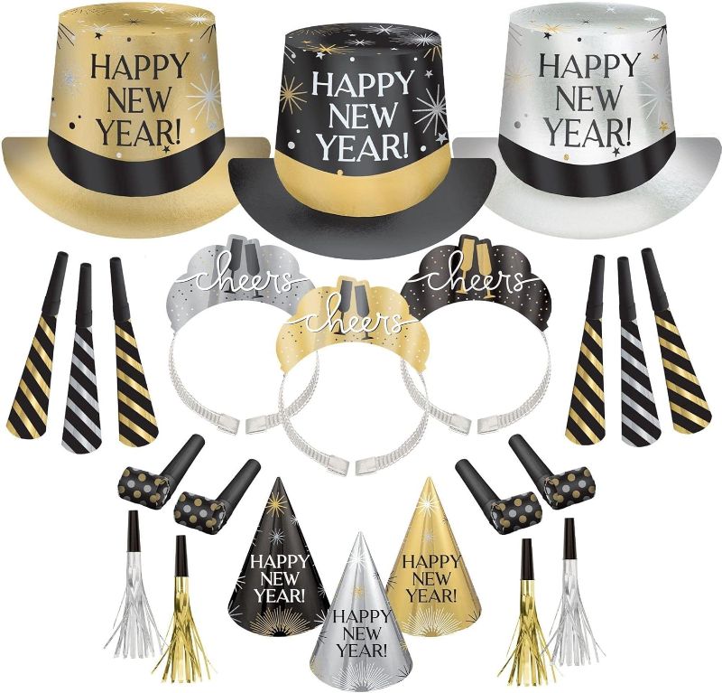 Photo 1 of Amscan Party City New Year’s Eve Wearables and Noisemakers for 100 Guests, Party Supplies, Black, Gold and Silver, 200 Piece