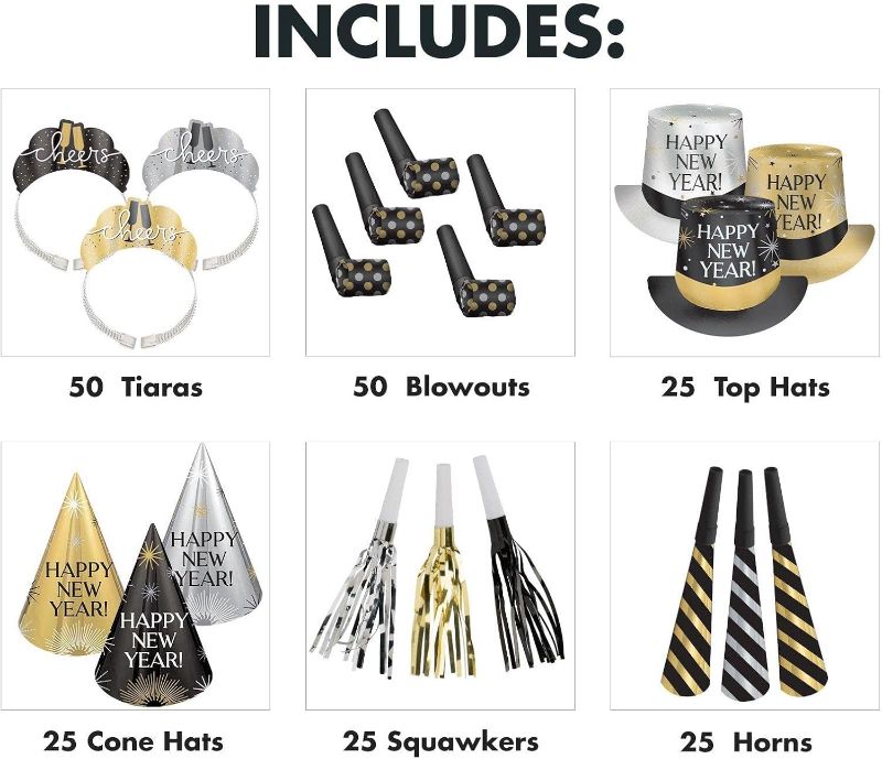 Photo 1 of Amscan Party City New Year’s Eve Wearables and Noisemakers for 100 Guests, Party Supplies, Black, Gold and Silver, 200 Piece