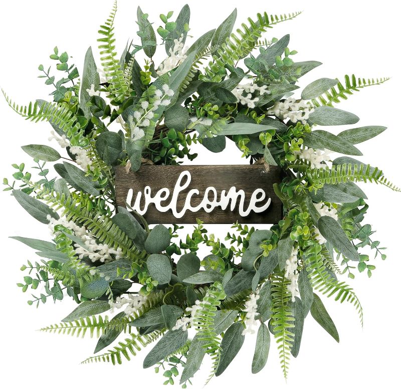 Photo 1 of *Different Color Than Picture** Sggvecsy Green Artificial Eucalyptus Wreath with Welcome Sign 20in Mixed White Berries Spring Summer Wreath for Front Door Wall Window Farmhouse Festival Porch Patio Garden Decor