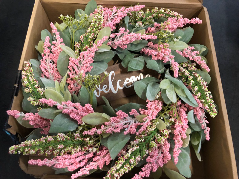 Photo 1 of *Different Color Than Picture** Sggvecsy Green Artificial Eucalyptus Wreath with Welcome Sign 20in Mixed White Berries Spring Summer Wreath for Front Door Wall Window Farmhouse Festival Porch Patio Garden Decor