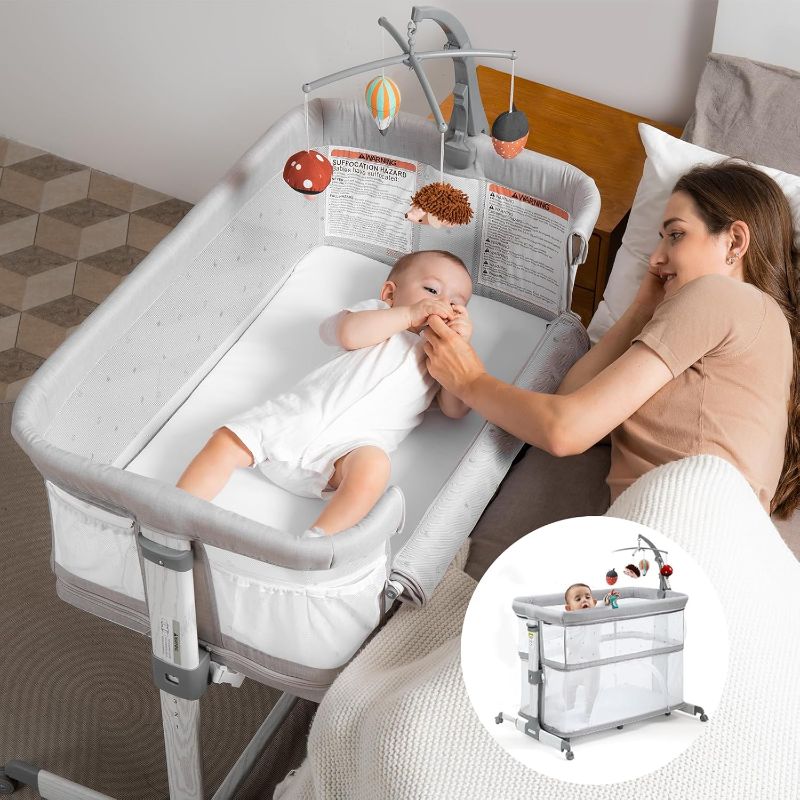 Photo 1 of Besrey 4 in 1 Baby Bassinet Bedside Sleeper, Playpen, Baby Rocking Cradle, 5 Convertible Modes, Height Adjustable Bedside Crib, Quick Assemble Bassinets with Wheels, Mobile Toy Hanger, Mattress