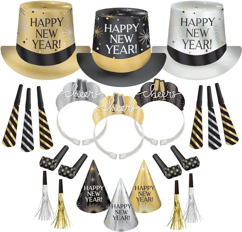 Photo 1 of Amscan Party City New Year’s Eve Wearables and Noisemakers for 100 Guests, Party Supplies, Black, Gold and Silver, 200 Piece