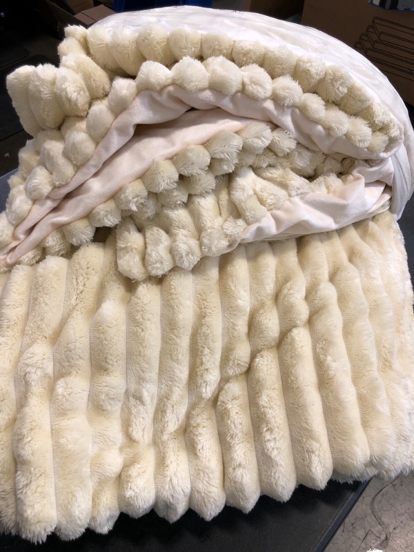 Photo 1 of Cozy Bliss Faux Fur Throw Blanket for Couch, Cozy Warm Plush Striped Blanket for Sofa Bedroom Living Room,50 * 60 Inches Beige