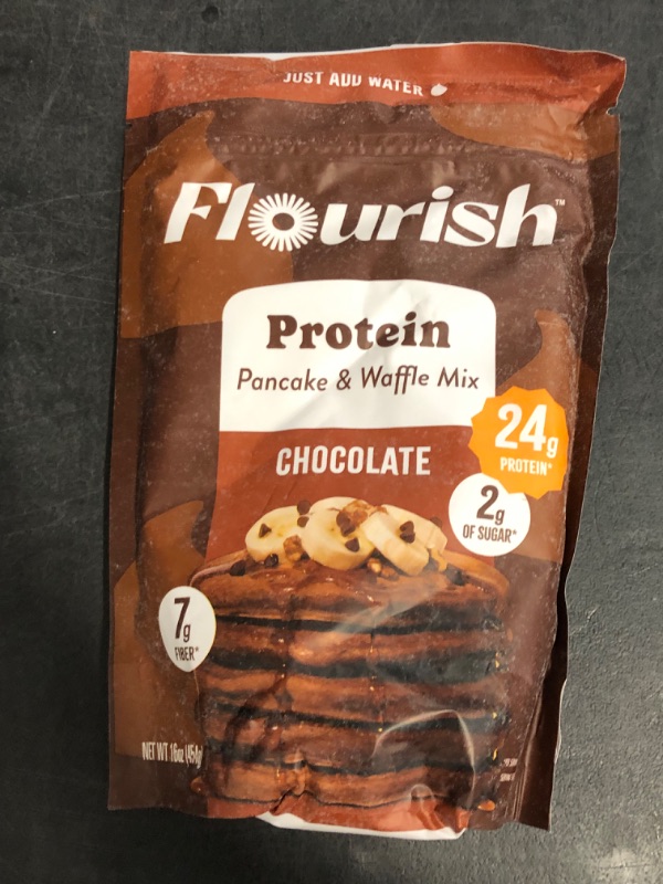 Photo 1 of Exp 9/9/25 Flourish - Protein Pancake & Waffle Mix, Whey Protein Isolate & Flax Seed, Non-GMO, No Added Sugar, Superfood, High Protein & Fiber, Just Add Water - Chocolate, 16oz
