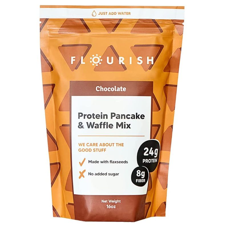 Photo 1 of Exp 9/9/25 Flourish - Protein Pancake & Waffle Mix, Whey Protein Isolate & Flax Seed, Non-GMO, No Added Sugar, Superfood, High Protein & Fiber, Just Add Water - Chocolate, 16oz