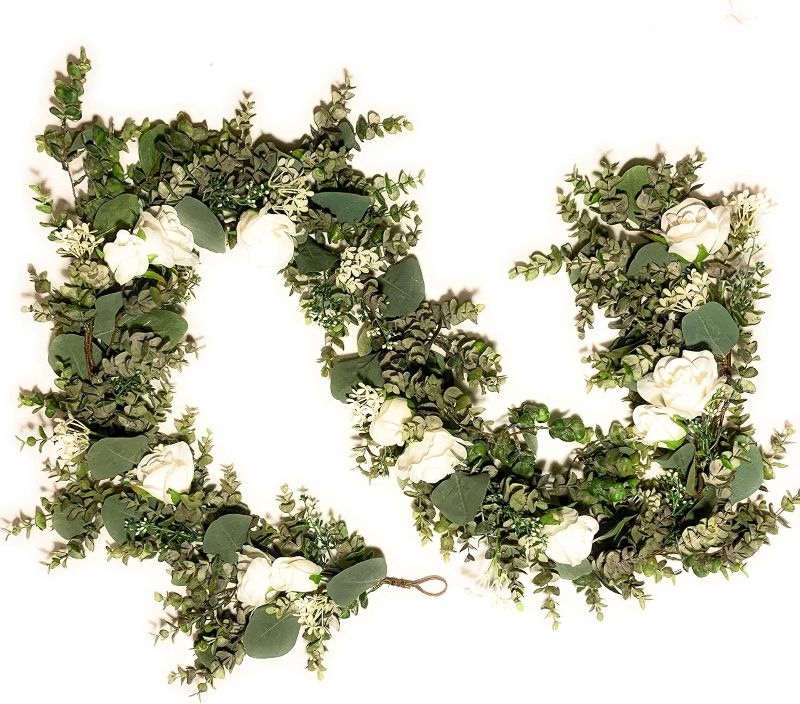 Photo 1 of GREENCAKE 6 ft Artificial Seeded Eucalyptus Garland with White Roses Silk Flower Garland Eucalyptus Leaves Greenery Garland Vines Wedding Arch Decoration Hanging Flower Garland Decor Faux Flora