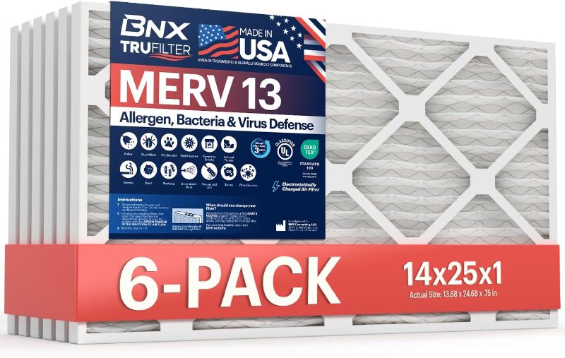 Photo 1 of BNX TruFilter 14x25x1 Air Filter MERV 13 (6-Pack) - MADE IN USA - Electrostatic Pleated Air Conditioner HVAC AC Furnace Filters for Allergies, Pollen, Mold, Bacteria, Smoke, Allergen, MPR 1900 FPR 10