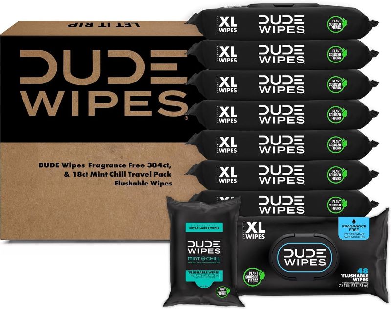 Photo 1 of DUDE Wipes - Flushable Wipes - Unscented 8 Pack + Mint Travel Pack, 402 Wipes - Extra Large Dispenser Wet Wipes with Vitamin E & Aloe For Men - Septic and Sewer Safe