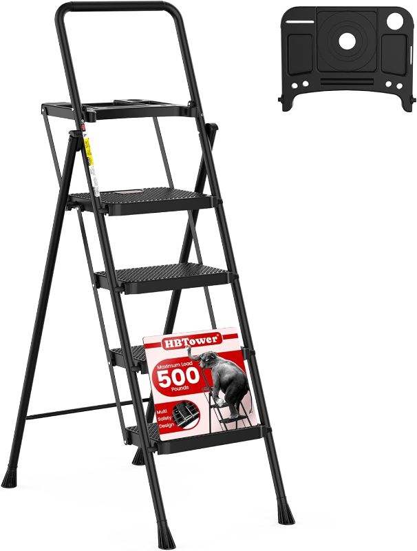 Photo 1 of HBTower Step Ladder, Folding Step Stool with Wide Anti-Slip Pedal, Sturdy Steel Ladder, Convenient Handrail, Lightweight, Portable Steel Step Stool