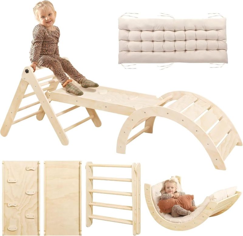 Photo 1 of Pikler Triangle Set with Cushion, 7 in 1 Toddler Climbing Toys Indoor, Montessori Foldable Climbing Set, Wooden Climbing Toys for Toddlers 1-3 Inside with Ramp, Arch and Ladder (Nature Wood)
