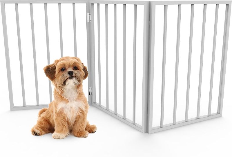 Photo 1 of Pet Gate - 3-Panel Indoor Foldable Dog Fence for Stairs, Hallways or Doorways - 54x24-Inch Retractable Wood Freestanding Dog Gates by PETMAKER (White)