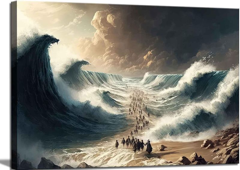 Photo 1 of Modern Christian Canvas Wall Art Bible Stories Moses Parting Egypt Crossing the Red Sea Picture Jesus Religion Wall Decor Poster Print for Living room Bathroom Office Bedroom Home Decoration