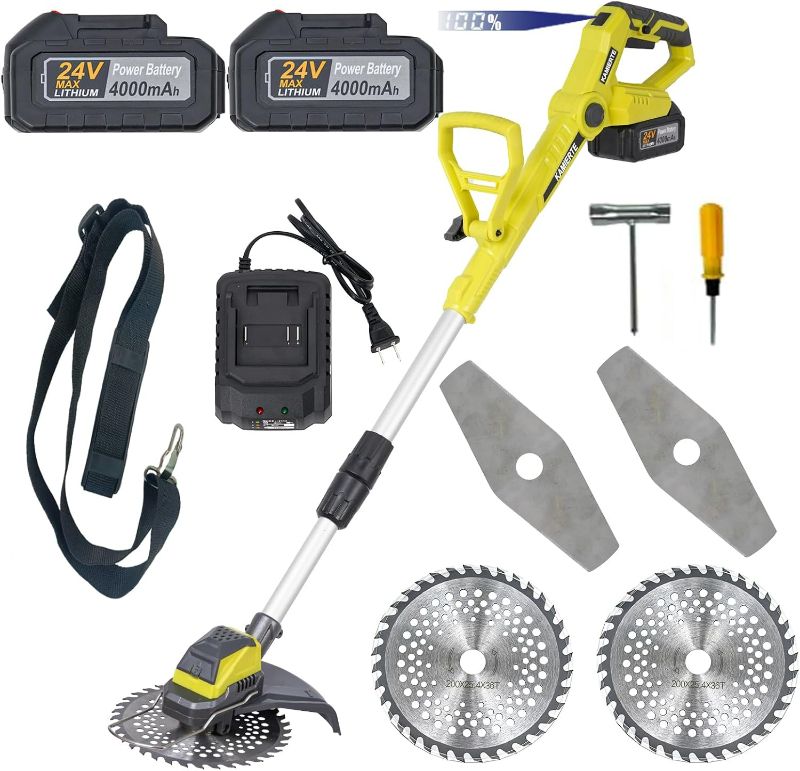 Photo 1 of Electric  Wacker Eater Cordless Weed Trimmer Battery Powered 24V Brushless Brush Cutte with 2pcs 4.0Ah Batteries and Charger Lightweight Grass Trimmer 2 Types Blades for Yard