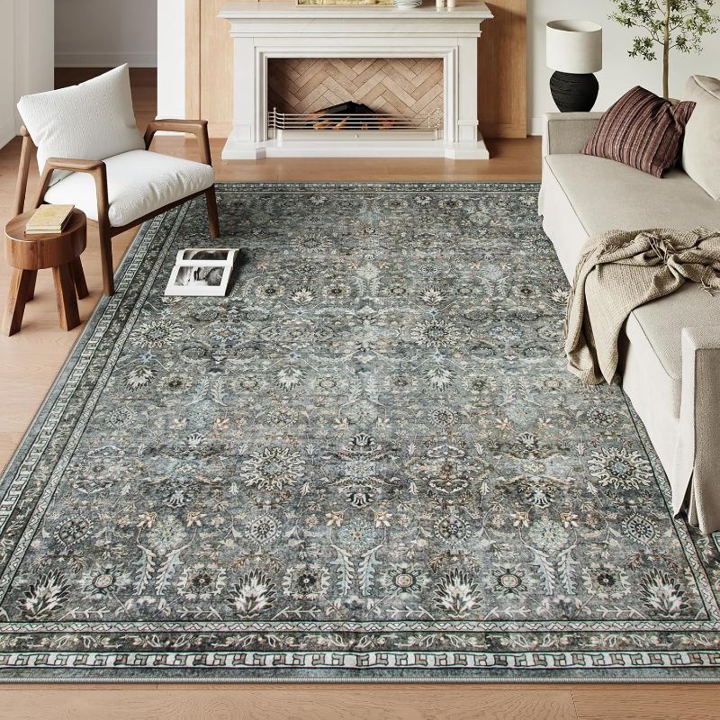 Photo 1 of Lahome Black Floral Living Room Rug 8x10, Washable Charcoal Area Rugs for Bedroom, Soft Pet Friendly Stain Resistant Floor Carpets for Dining Room Decor