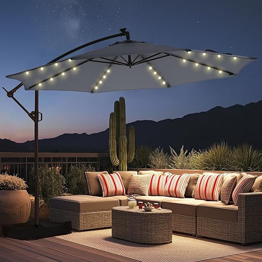 Photo 1 of 10ft Solar Lights Offset Cantilever Patio Umbrella - with Light and Base, LED Lighted Offset Hanging Patio Outdoor Market Umbrella UPF50+ UV Protection with Easy Tilt and Crank