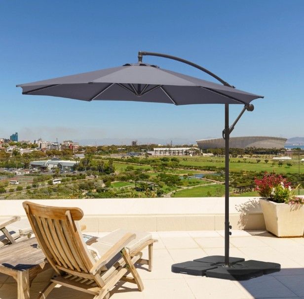 Photo 1 of 10ft Solar Lights Offset Cantilever Patio Umbrella - with Light and Base, LED Lighted Offset Hanging Patio Outdoor Market Umbrella UPF50+ UV Protection with Easy Tilt and Crank
