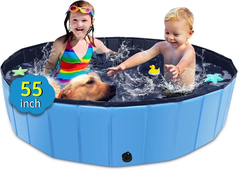 Photo 1 of Foldable Dog Pool, 55" x 12" Kiddie Pool with Hard Plastic, Non-Slip Dog Bath Tub for Outdoor Backyard, Collapsible Dog Swimming Pool for Kids Dogs Pets (Blue)
