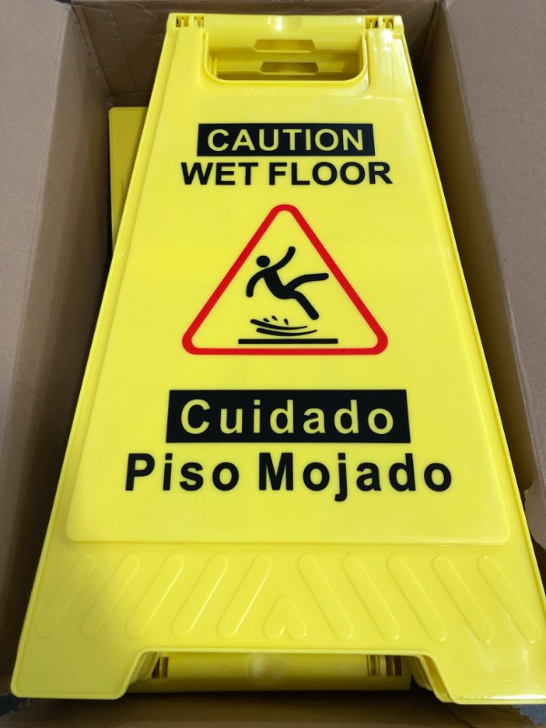 Photo 1 of 8-Pack Caution Wet Floor Sign,17.5" Height,Bright Yellow Double-Sided Folding A-Shaped Frame Design, Bilingual Caution Message